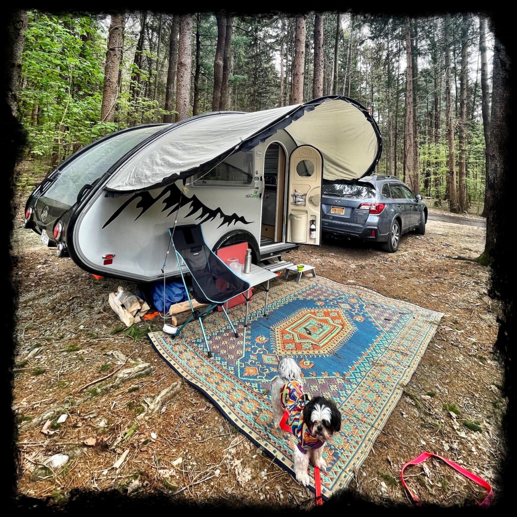 Shih tzu in a coat on a camp rug in front of a camper