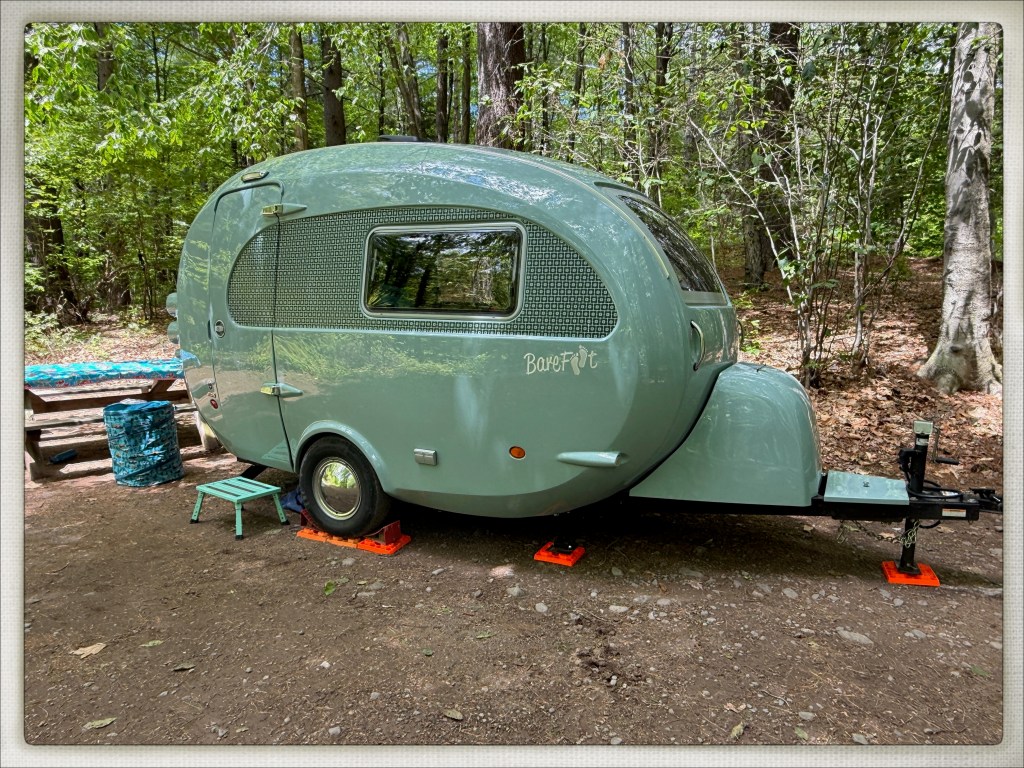 A pale teal egg shaped camper at a wooded campsite. 
