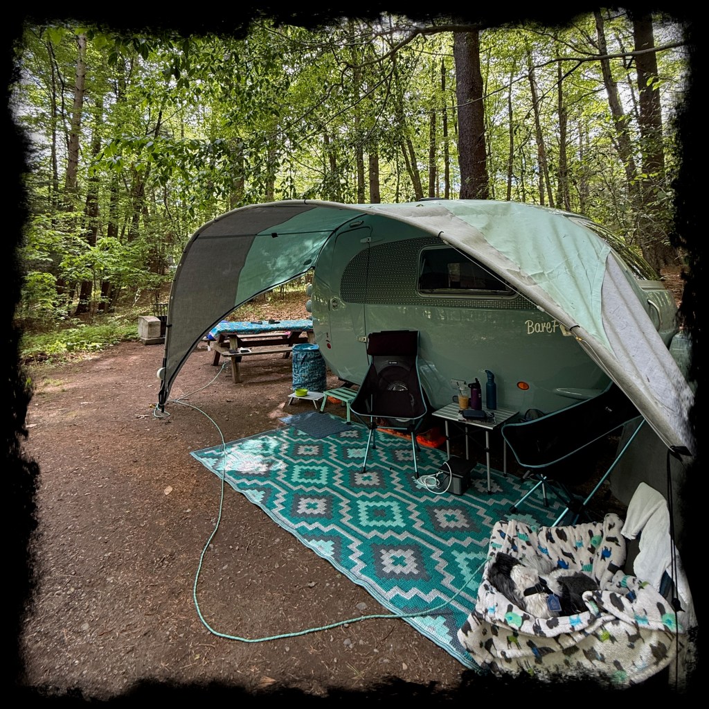 The door side of the Barefoot with the attached side canopy, with two chairs and a table on a rug next to the caravan and Ketu sleeping in his own chair. 